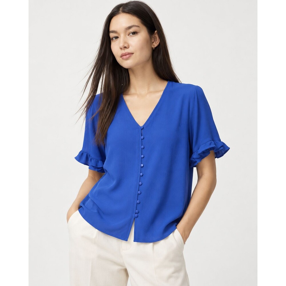 Royal Blue Ruffle Sleeve Blouse L V Neck Button Front Romantic Feminine Dressy